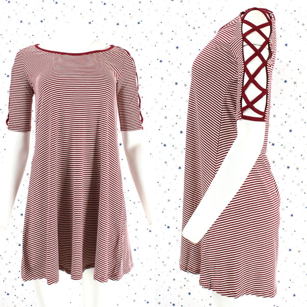Strappy Sleeve Striped Dress Burgundy Off White